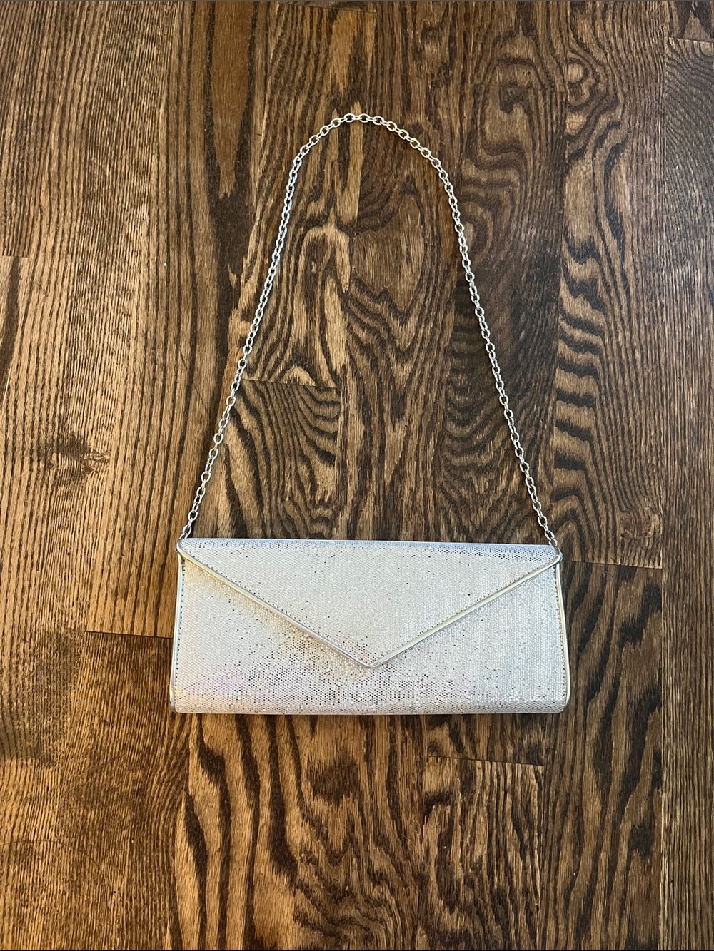 Aldo Glitter Envelope Clutch in Silver with Chain Strap